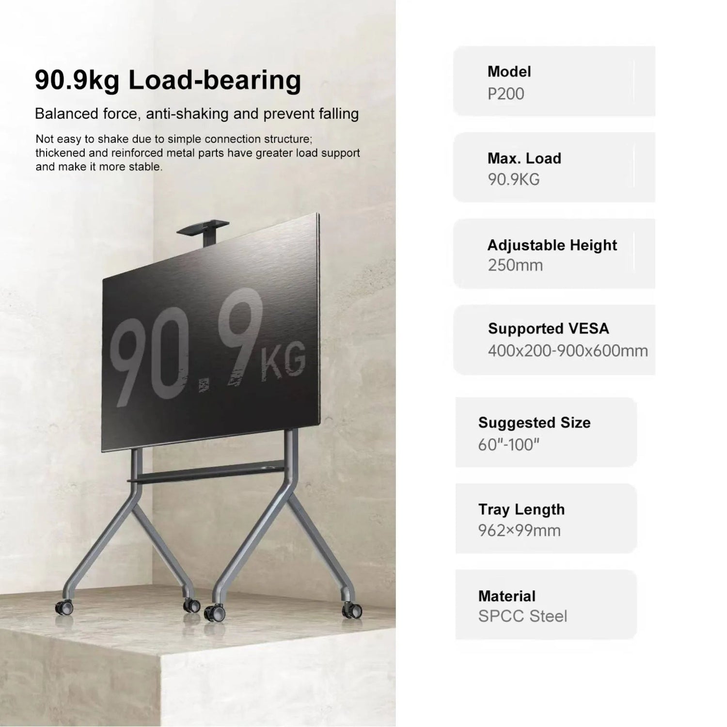 NB 60 to 100 Inch Interactive Display Trolley Stand | 90.9kg Capacity, VESA 900x600mm P200 - GADGET WAGON TV CARTS